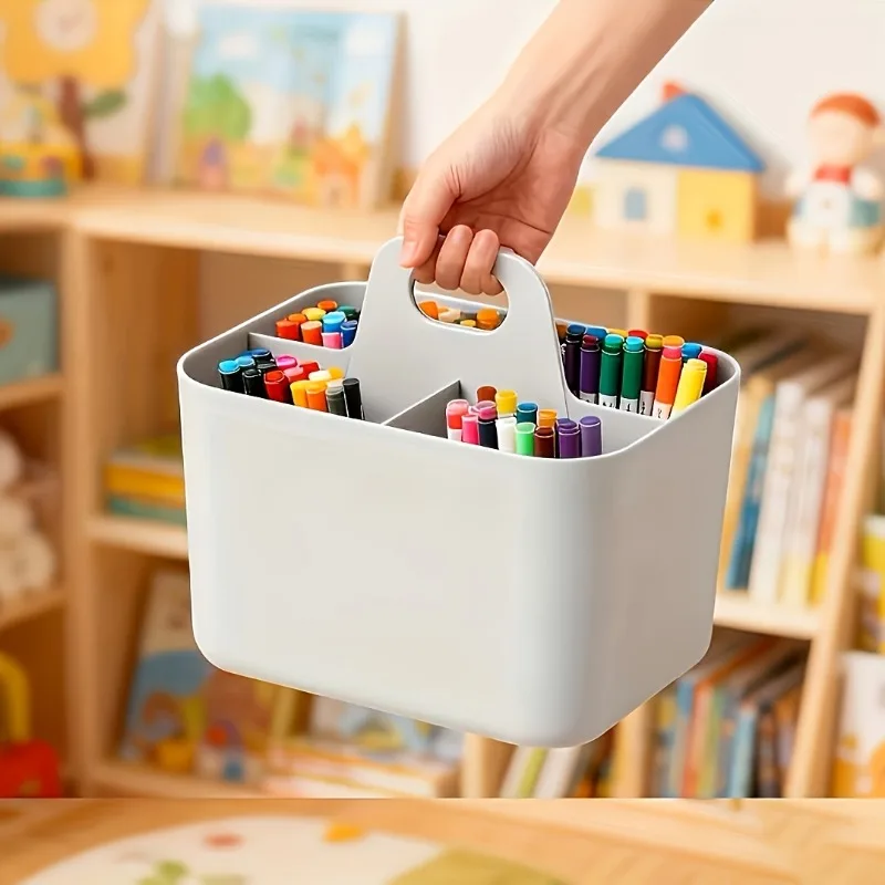 1 PCS Portable Plastic Storage Basket with Handle, 3 Compartments for Suitable for Pencils, Markers Stationery Office Supplies