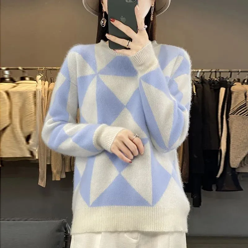 

New Autumn and Winter Fashion Trend Lazy Round Neck Color Matching Versatile Loose Western Style Age Reducing Women's Sweater