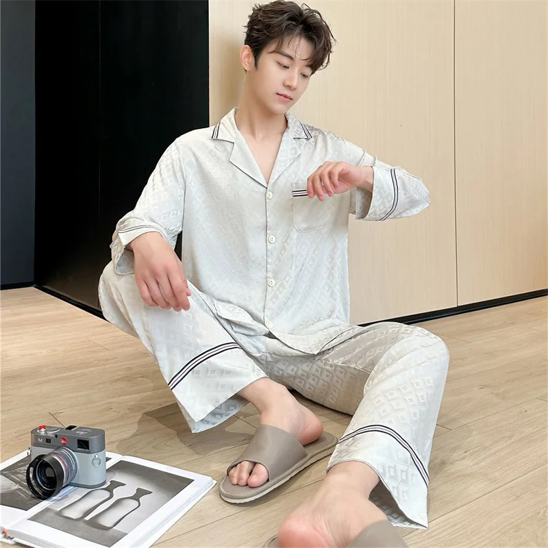 Spring Autumn Men\'s Ice Silk Pajamas Long Sleeve Lapel Cardigan Pants Plaid Jacquard Home Clothing Set Loose Oversized Sleepwear