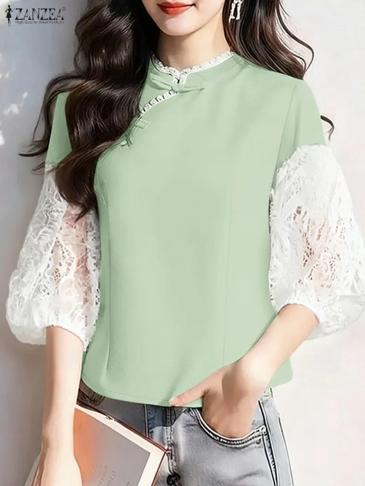女性用スタイリッシュな透かし彫りブラウス ZANZEA 2026 春 レース パッチワーク シャツ 夏 七分袖 ワークトップス ボタン付きブラウス チャイナ風