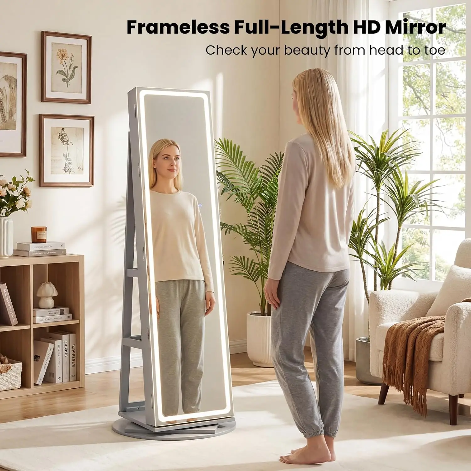 360° Rotating Jewelry Armoire with LED Lighted Full Length Mirror & Built-in Vanity Mirror, Lockable Standing Jewelry Cabinet