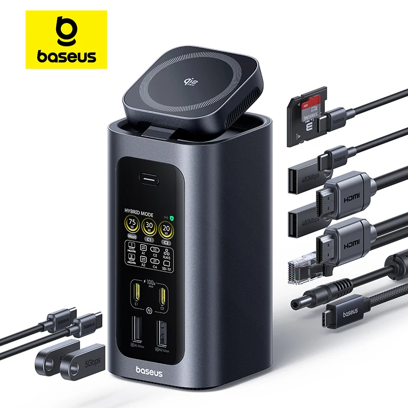 Baseus 15-in-1 Docking Station 160W USB C HUB with Qi2.2 25W Wireless Charging 2 HDMI 4K@120Hz 60Hz include 180W GaN Adapter Hub