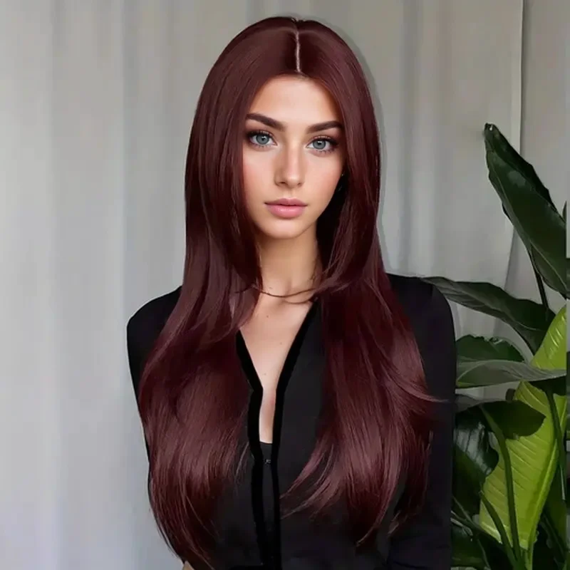 Peruca de cabelo natural em camadas vermelhas, longa e reta, sintética, vermelha, para mulheres, parte intermediária, cabelo natural, cosplay, resistente ao calor diário