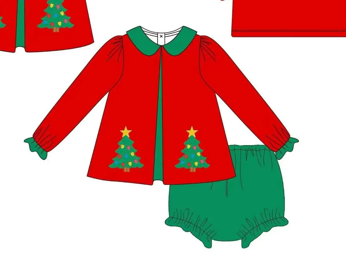 Boutique Kids Christmas Tree Print Outfits Red Green Collar Ruffle Dress Top With Baby Bloomers Set