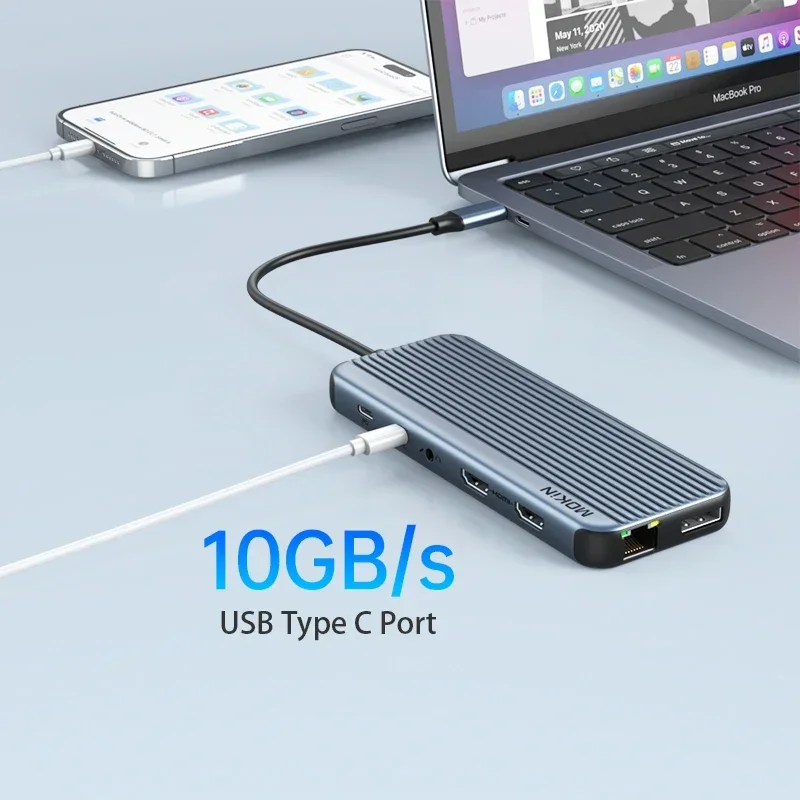 MOKiN 12 in 1 Docking Station USB C Hub USB3.1 HDMI 4K60Hz PD 100W RJ45 1Gbps Audio for MacBook Air/Pro iPad Thunderbolt Laptop