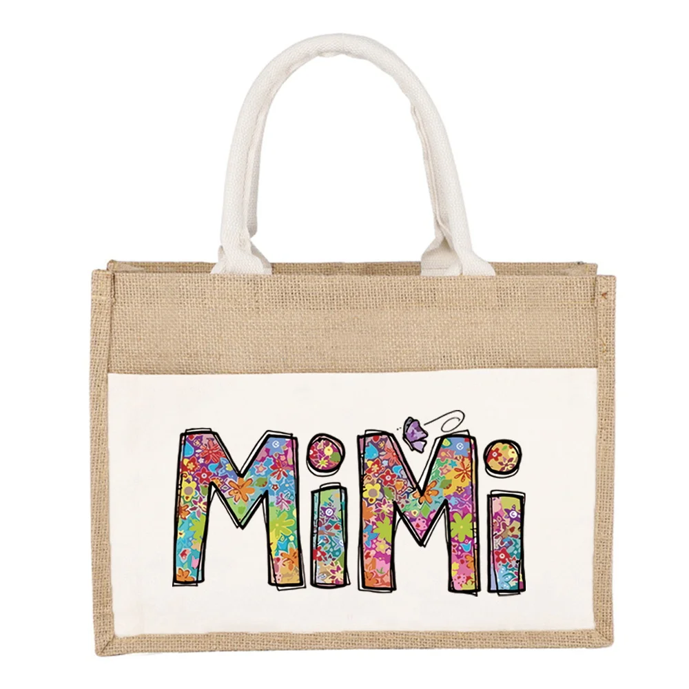 Tote Bag Jute Portable Shoulder Bag Shopping Bags Mom Series Lightweight Beach Handbags ECO Linen Grocery Storage Bags