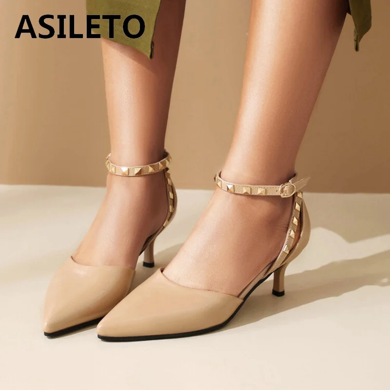 ASILETO Office Lady Shoes Pointed Toe 6.5cm Small Heels Rivets Buckles Back Strap Brand Design Women Pumps Big Size 41 42 43