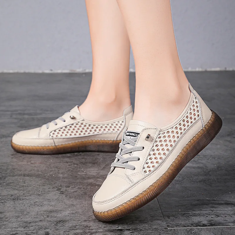 Casual Flat Walking Shoes Cowhide Moccasin Sandals Women Soft Sole Loafers Genuine Leather Female Mesh Sneakers Jogging Trainers