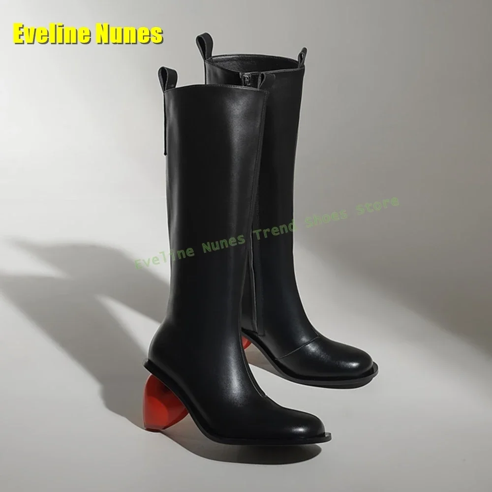 Strange Style Fashion Catwalk Tall Boots Black Love Knee High Boots Round Toe Pull On Street Style Sleek Modern Shoes 2025 Trend