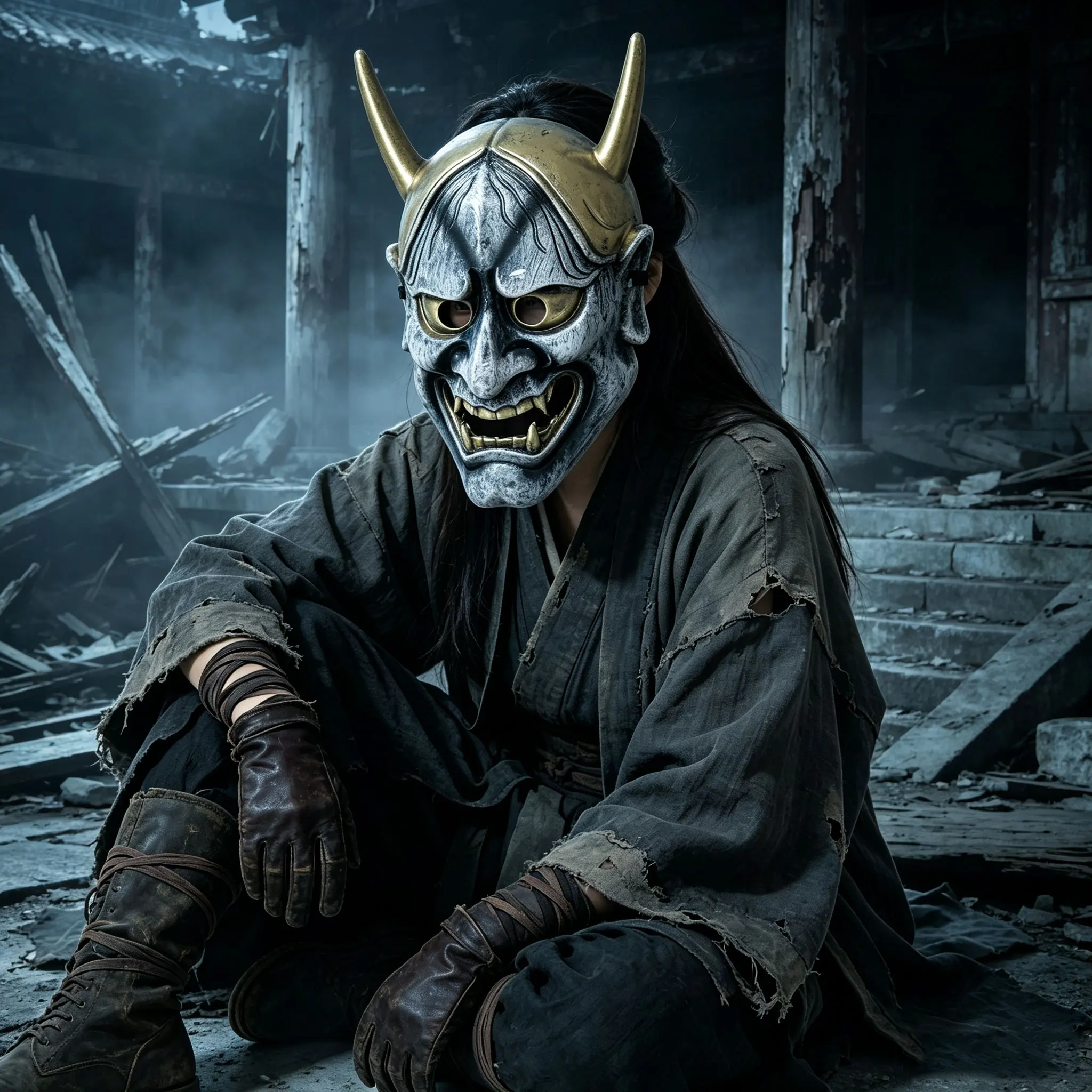 Japanese Oni Demon Party Mask Full Face Mask Vintage Devil Horn Mask Halloween Cosplay Costume Prop for Masquerade Haunted House