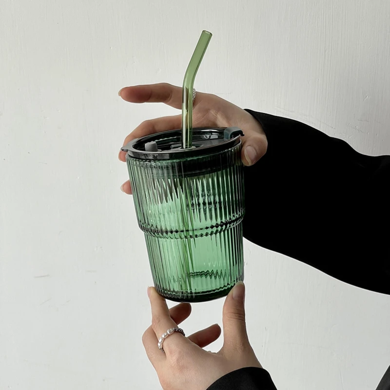 Green Retro Striped Straw Glass Portable Water Cup Juice Cup Coffee Cup Large Capacity Cup With Lid And Straw Office Home Tools