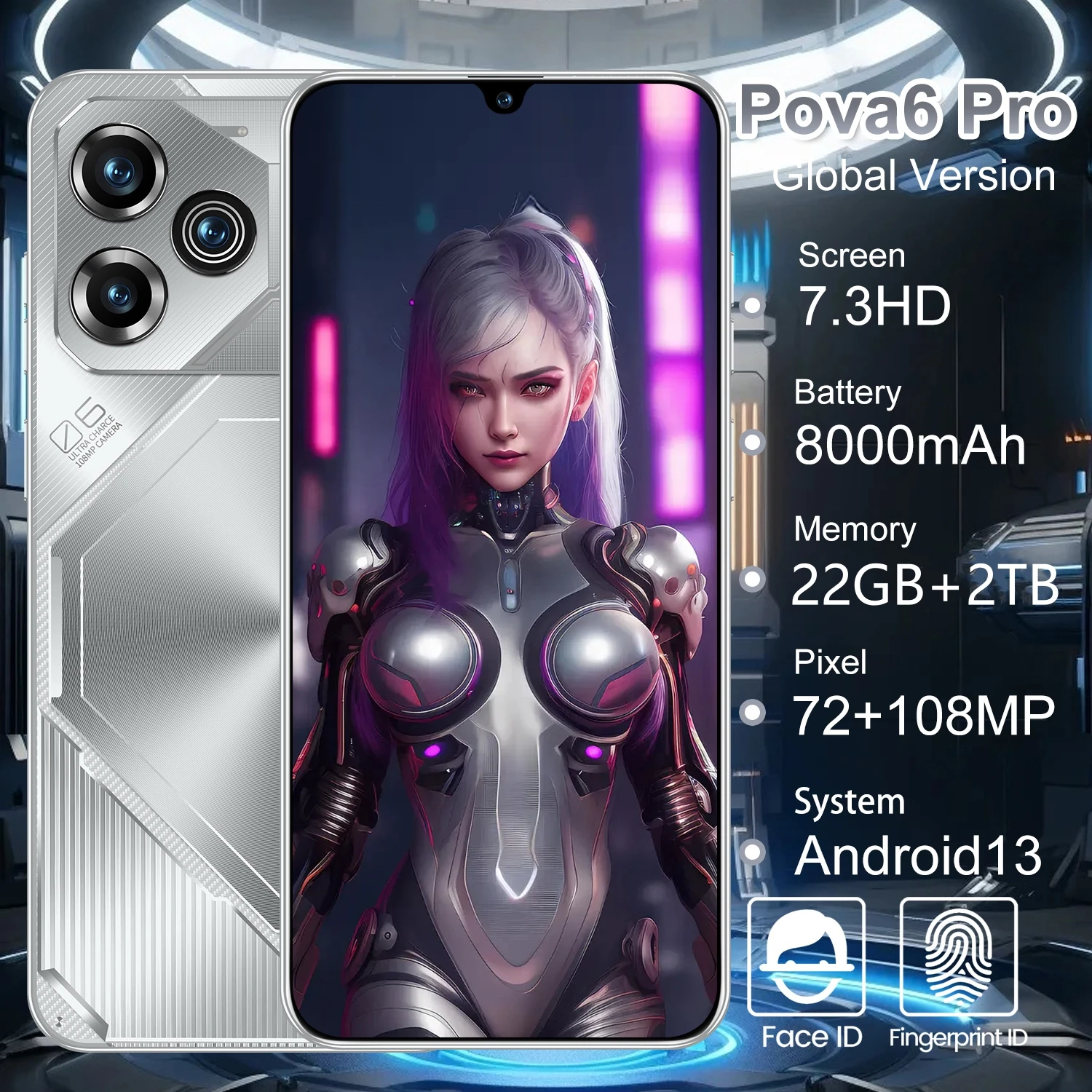 Global Version Pova 6 Pro Smartphone 22GB+2TB 7.3 inch 8000mAh 4G 5G Dual SIM Cellphone 108MP Cam 10 Core Chip Super Game Phones