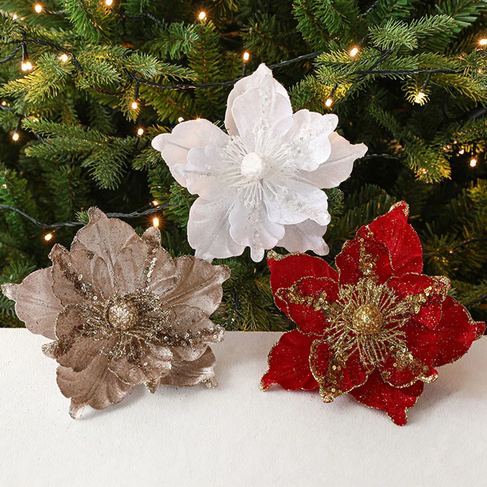 

1pcs Cloth+Plastic Christmas Poinsettia Glitter-Flower Hanging Xmas Party Tree Decoration Festive Party Supplies