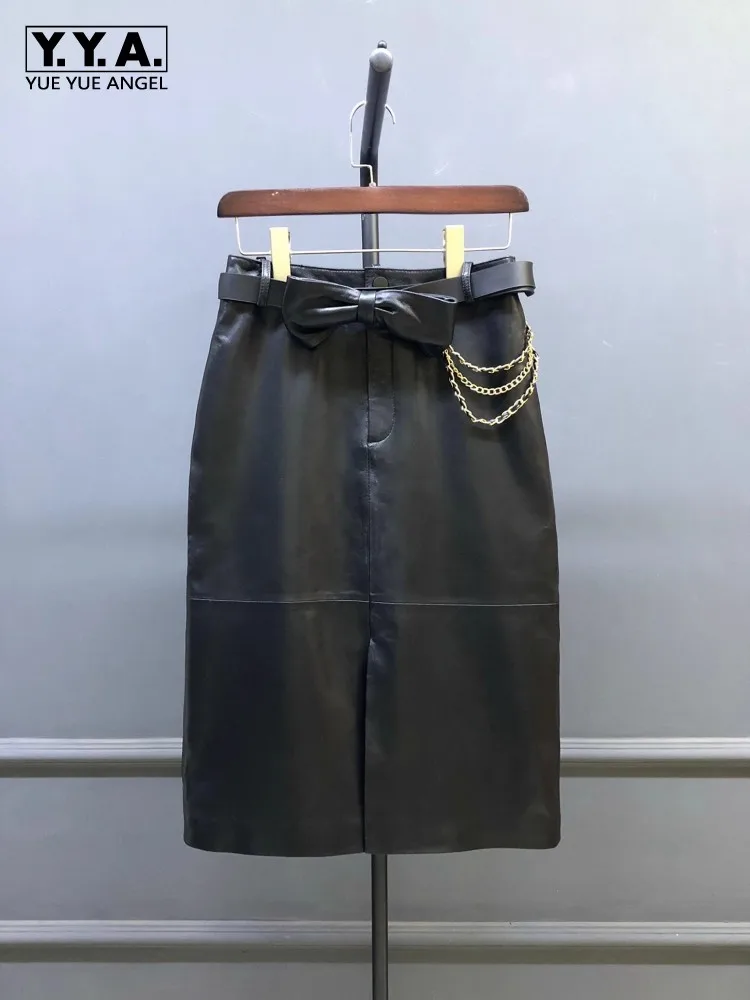 

Women Sheepskin Genuine Leather Skirt High Waist Office Ladies Slim Fit Bowknot Chain Medium Long Elegant Wrap Skirts Size 4XL