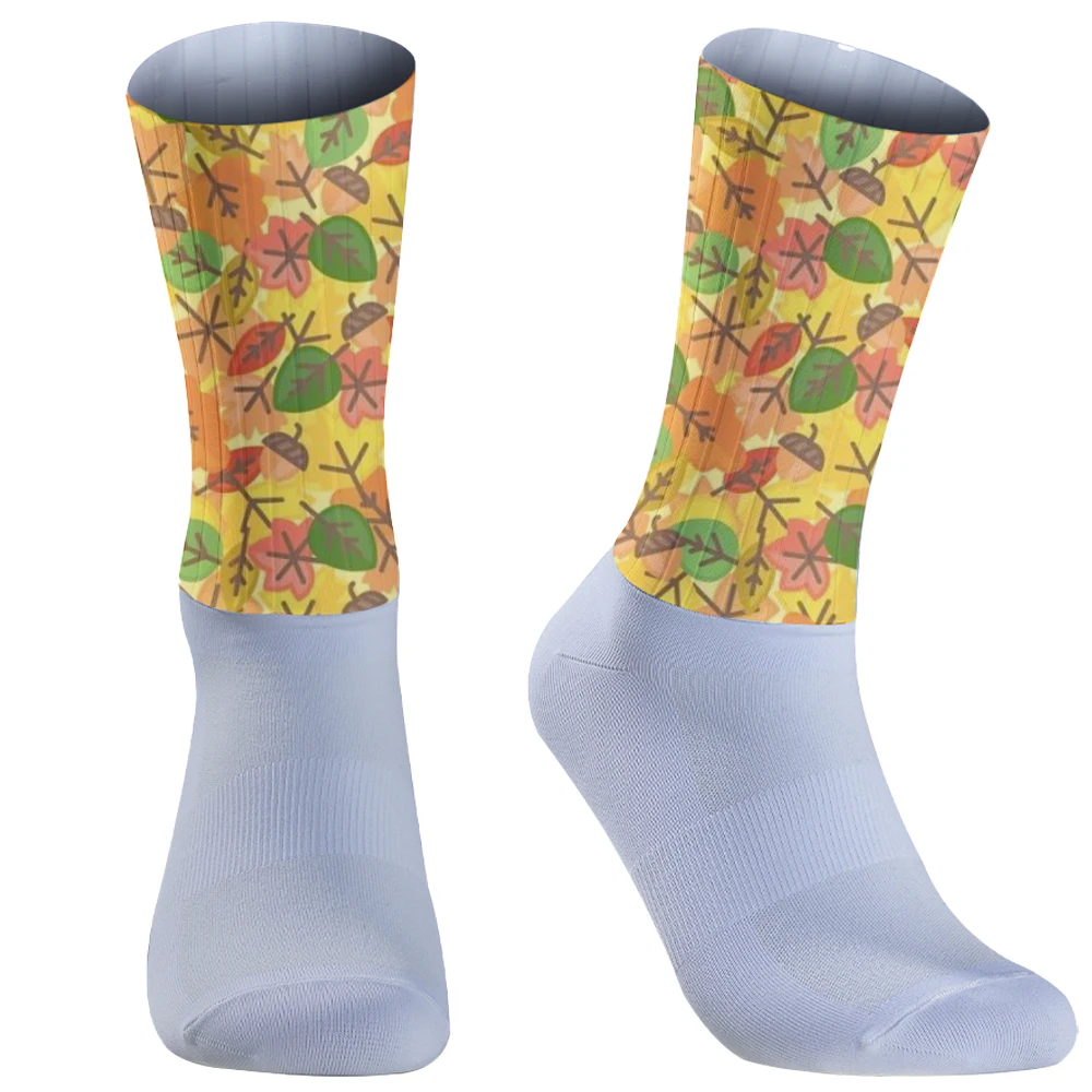 Calcetines de ciclismo con estampado de hojas de arce para hombre, Medias de Color de contraste de arcoíris, talla grande a rayas, novedad