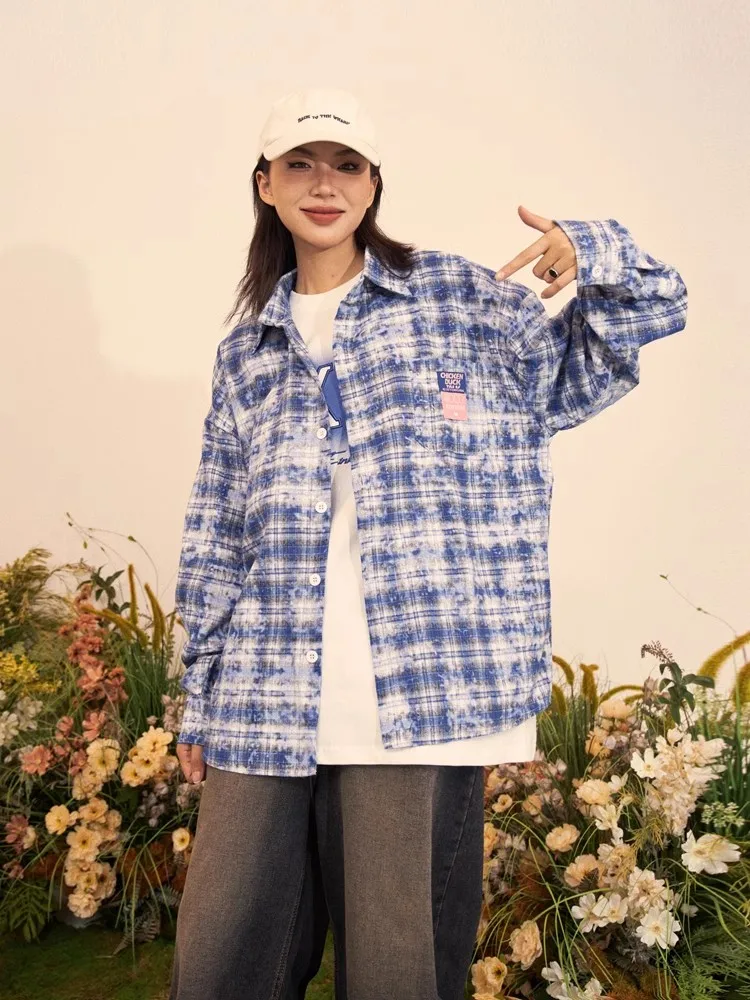 Tawaaiw American Retro Blue Plaid Shirt Women Long Sleeve Loose Turn-down Collar Autumn Spring Button Up Female Blouse Tops Chic