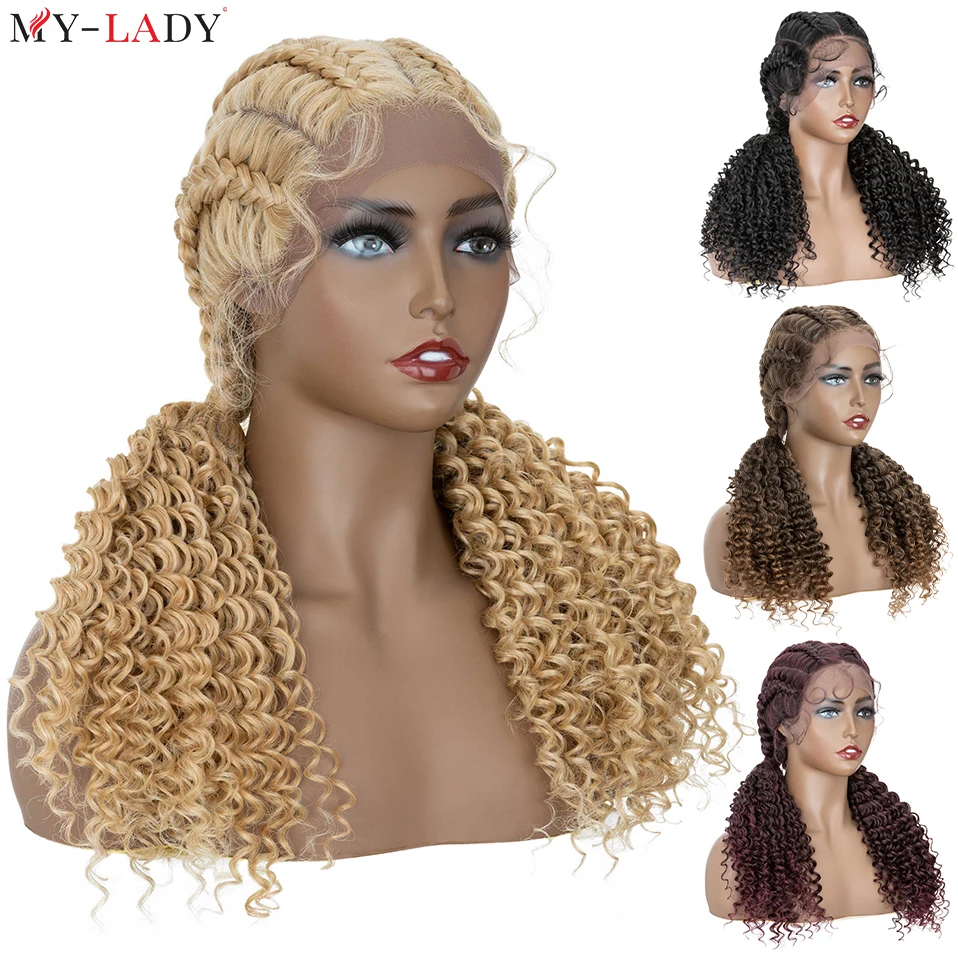 

My-Lady Synthetic Dutch Braids 22Inch Cornrow Braided Lace Front Wig With Baby Hair Lace Wigs Curly End For Black Women Afro Wig