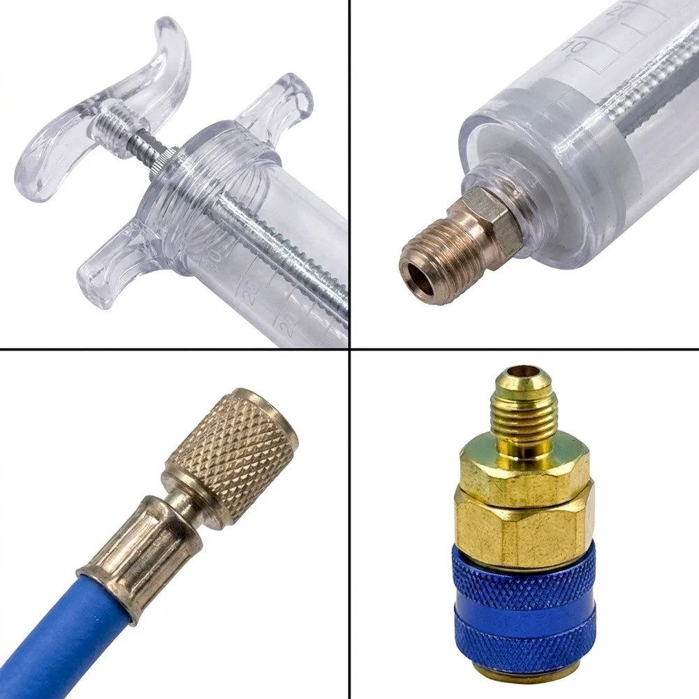 For UV Leak Testing AC Oil Dye Injector AC Dye And Oil Injector Diagnostic Tool 1 Oz Capacity Reservoir 13mm Low Side Coupler