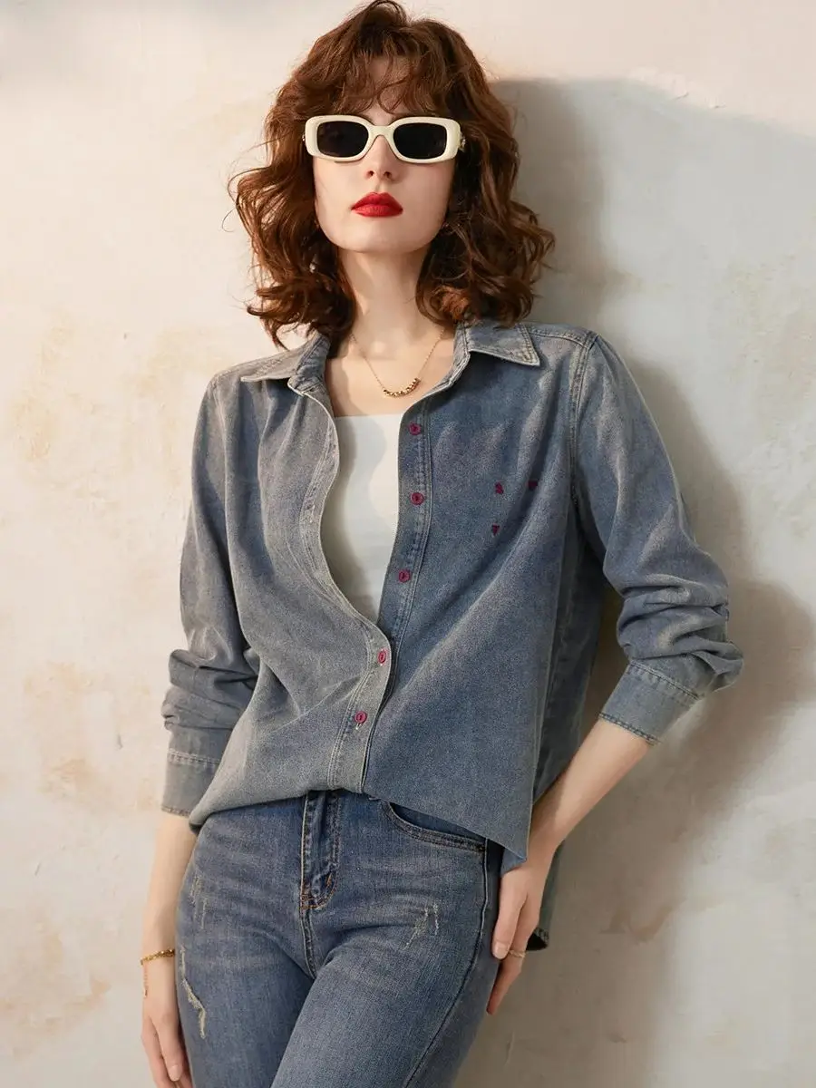 LOUIS YAO Women Denim Shirt 2024 Spring New Turn Down Collar Long Sleeve Embroidery Letter Washed Casual Loose Fit Blouse Top