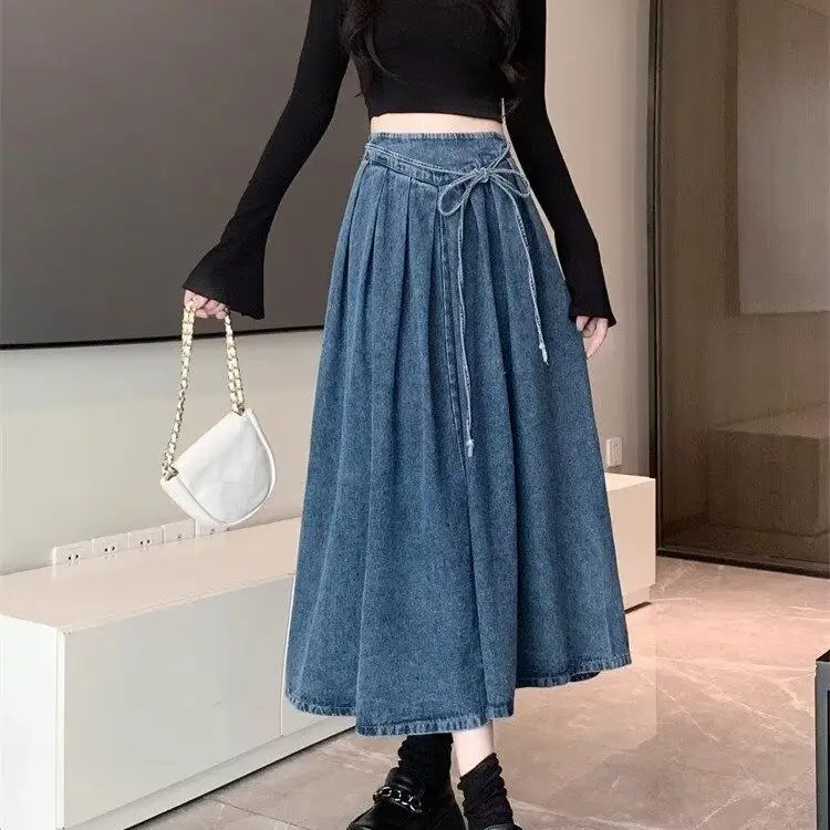 新しいプリーツレトロ弾性デニムスカートハイウエストロングスカートミッドレングス韓国スタイルのファッションエレガントなコケット原宿 Cuteore