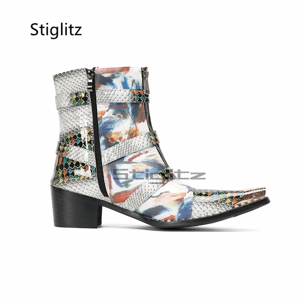 

Alligator Leather Motorcycle Boots Men Prints Patchwork High Heels Chelsea Boots Autumn Winter Buckle Metal Toe Party Shoes