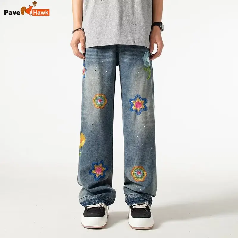 Street American Micro Flared Jeans Mens Petal Embroidery Washed Cowboy Pants Straight Tube Burr Edge Hip Hop Denim Trousers