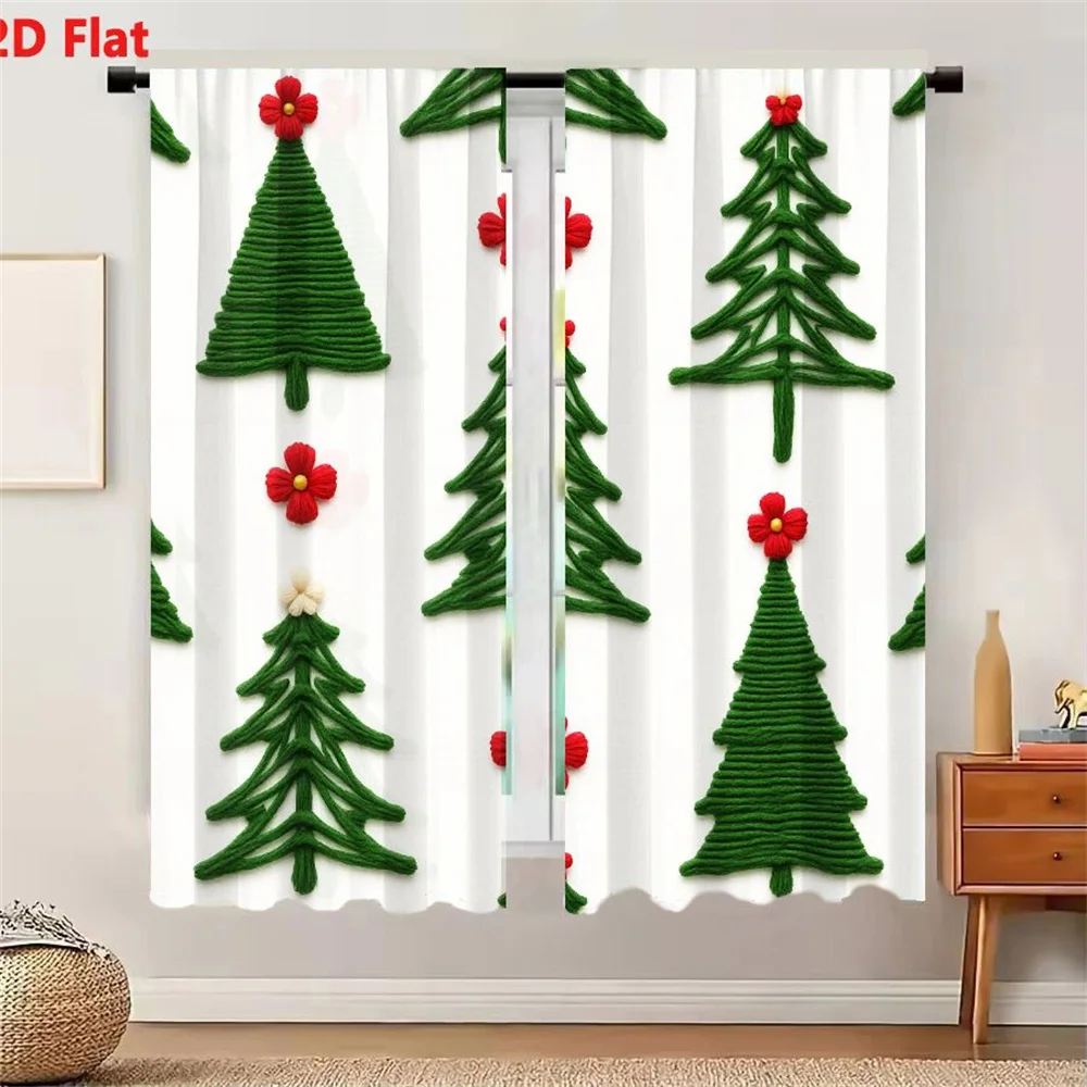 2Pcs Curtains 2D Flat Green Christmas Trees Knitted Crochet Yarn Pattern With Red Yellow Flowers On White Background Whimsical F