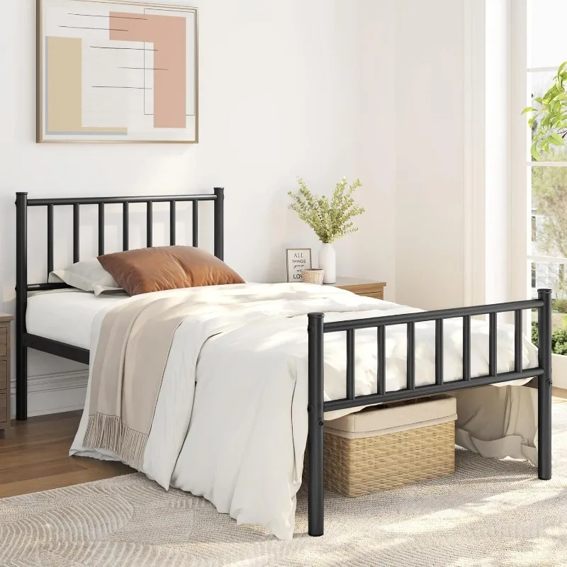 Single bed frame Metal bed frame Mattress base Headboard and footboard with spindles/no box spring required Black