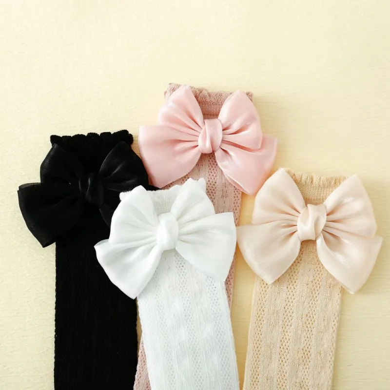Chaussettes en coton à gros nœud pour bébés filles, princesse espagnole, chaussette douce à nœud papillon, longueur au genou, bonneterie en maille