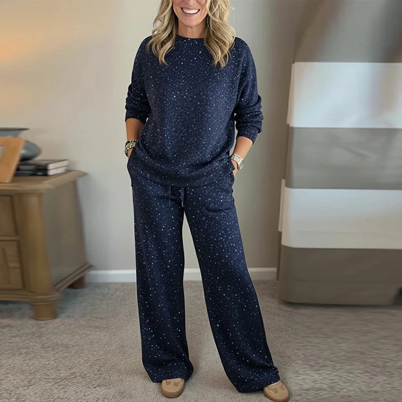 Damski dwuczęściowy zestaw jesienno-zimowy: bluza z długim rękawem i okrągłym dekoltem oraz spodnie ze sznurkiem, damski komplet świąteczny z nadrukiem.