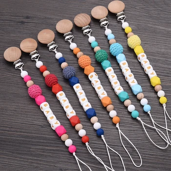 Personalisierte Name Baby Schnuller Kette Buche Holz Dummy Halter Silikon Beißring Perlen Infant Zahnen Nippel Kette Pflege Spielzeug
