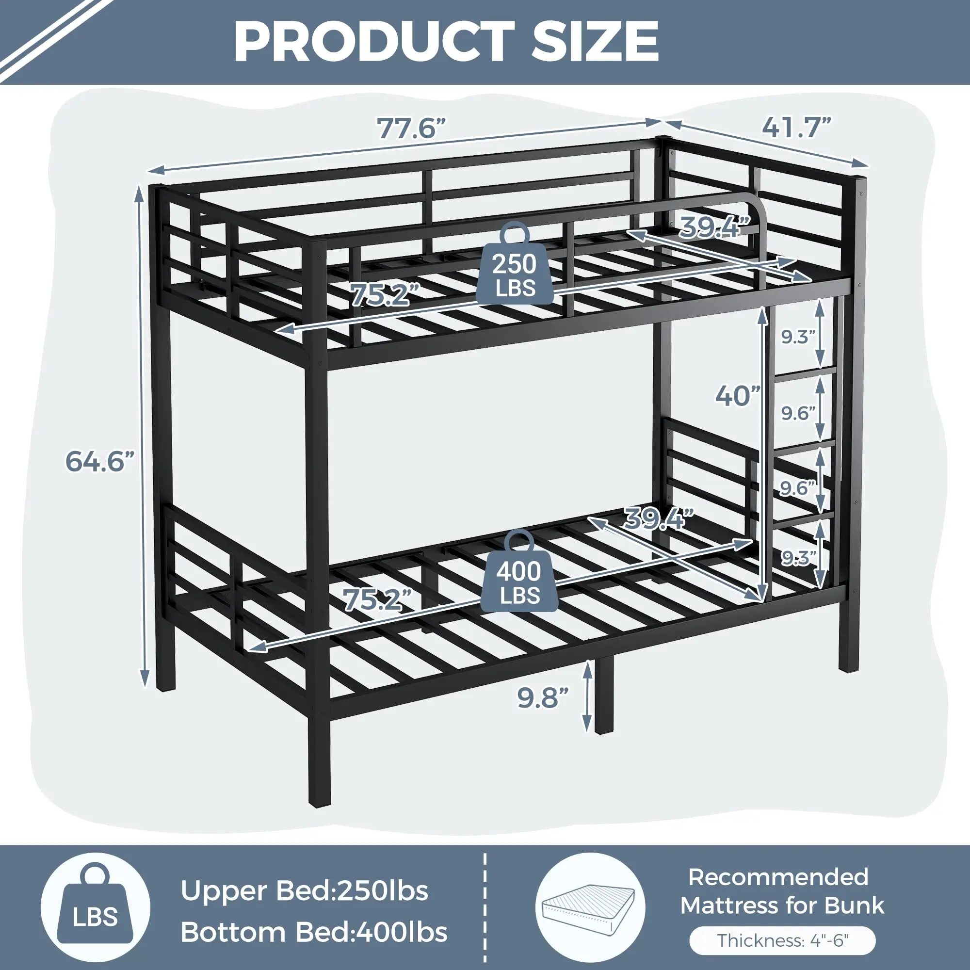 Metal Bunk Bed Twin Over Twin, Heavy Duty Twin Bunk Beds for Teens and Adults, Noise-Free Design Bunkbeds with Ladder