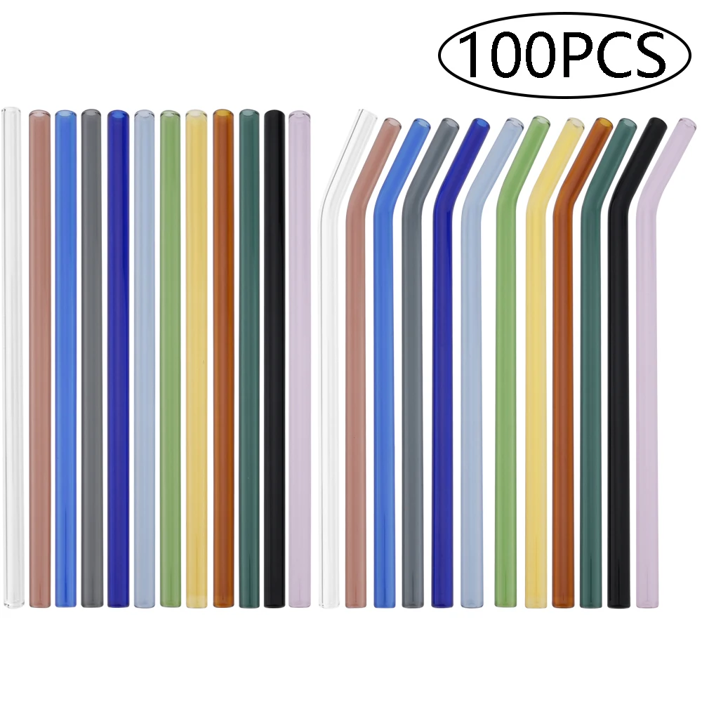 

100Pcs/Set Straws Reusable Eco Friendly Drinking Straw High Borosilicate Glass Straw Set for Smoothies Cocktails Bar Accessories