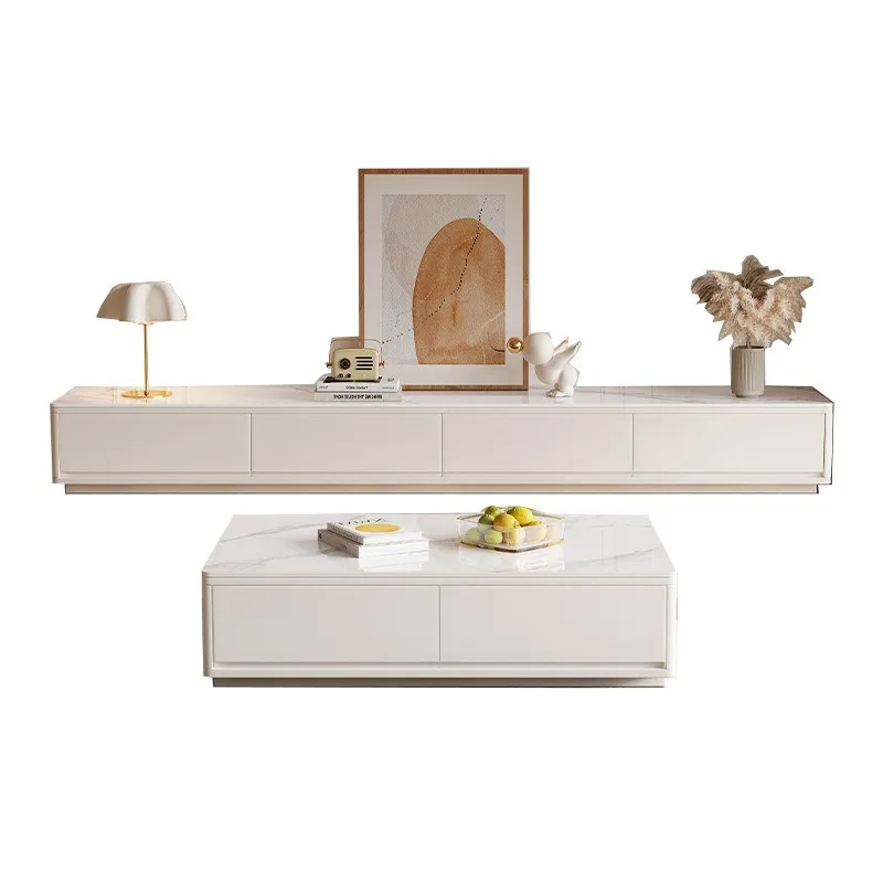 

Cream wind rock slab coffee table TV cabinet, solid wood floor TV cabinet, locker integrated