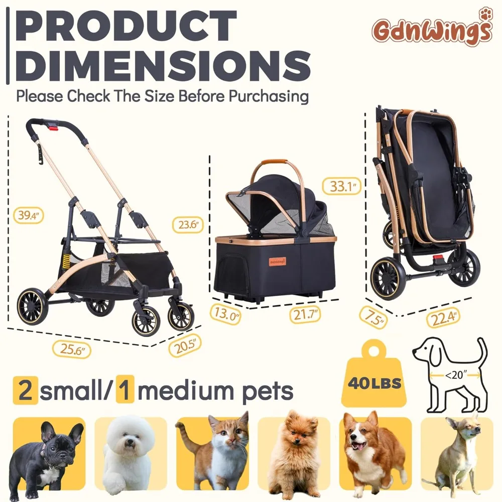 Wózek dla małych psów, lekki wózek dla psów i kotów z 6-stopniową amortyzacją, odpinany transporter