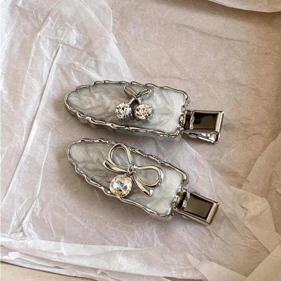 

Women Girls Rhinestone Cherry Bow Hair Clip Silver Gray Duckbill Clip Side Hairpin Hair Styling Accessories for Women Party Brid