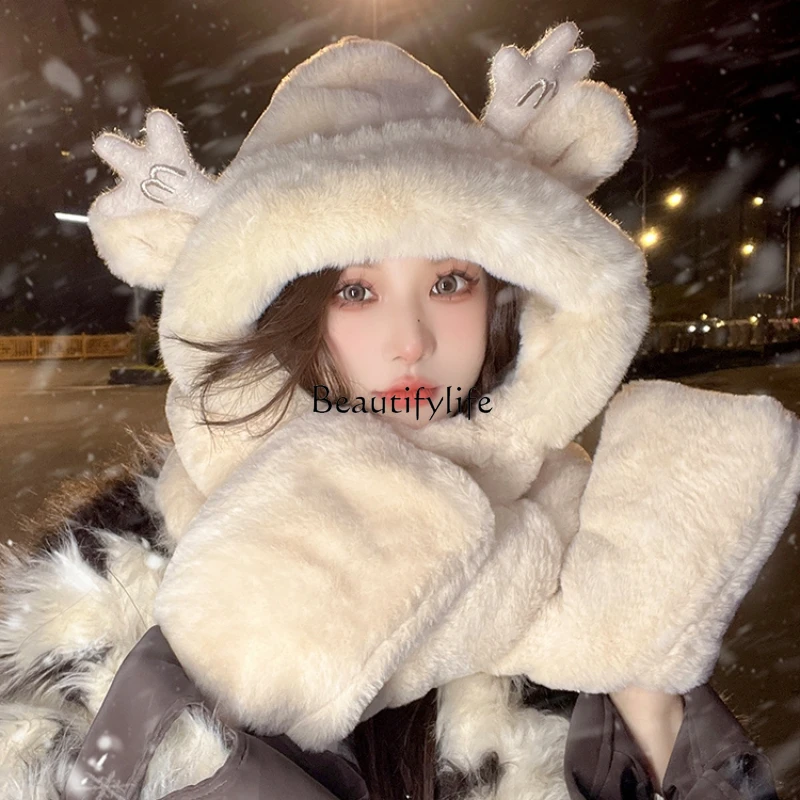 Autumn Winter Hat Scarf Integrated Women's Warm Plush Three-Piece Set Cute Hooded Ear Protection