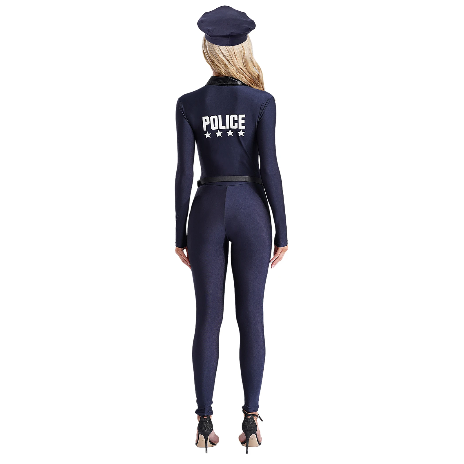 Women Dirty Cop Police Uniform Halloween Carnival Policewoman Cosplay Costume Long Sleeve Zipper Jumpsuit with Belt Purse Hat