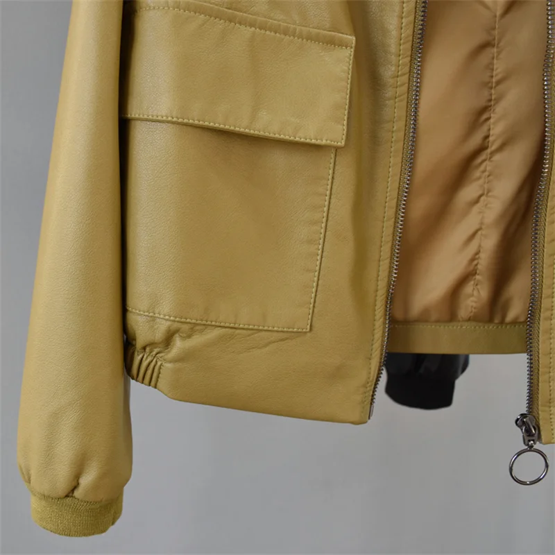 Jaket Kulit PU Faux Pendek Saku Besar Kerah Bundar Wanita Musim Semi Musim Gugur Jaket Bomber Motor Kasual Hitam Kuning Streetwear