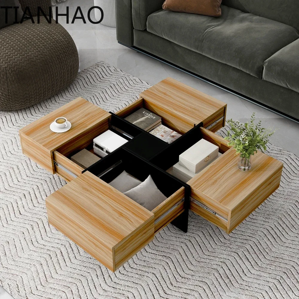 Unique Design Coffee Table with 4 Hidden Storage Compartments, Square Cocktail Table