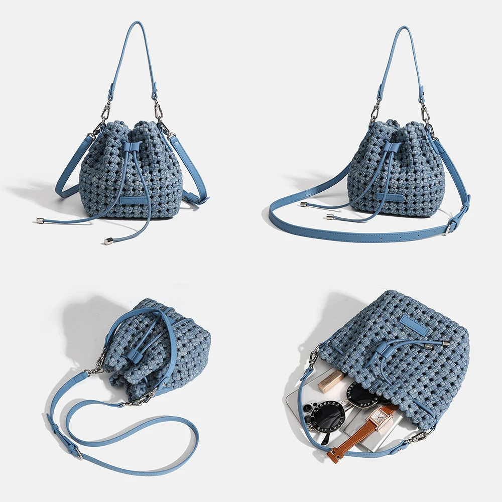 Nowa damska torebka, ekskluzywna, ręcznie tkana torebka typu bucket z czystego denimu, damska uniwersalna torebka do ręki, na ramię, na skos, modna.
