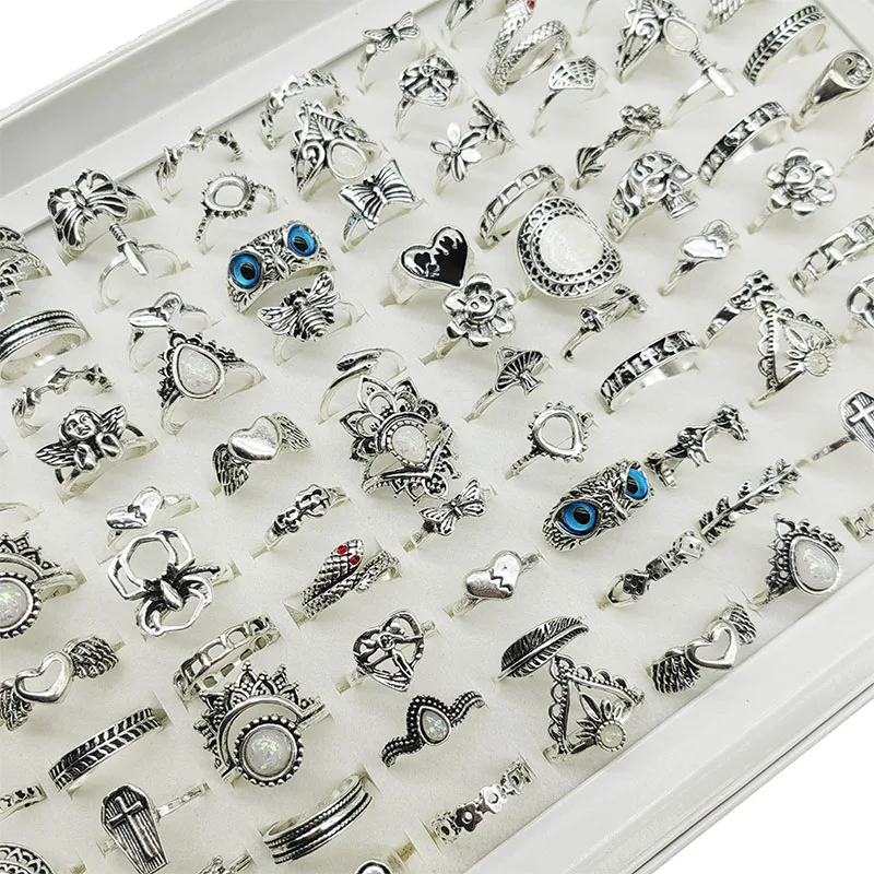 

50 шт./лот, смешанный стиль, винтажные кольца на палец с голубым глазом и совой для женщин, панк, белая эмаль, овальные поддельные опаловые камни, ювелирные изделия, крест, цветок, подарок