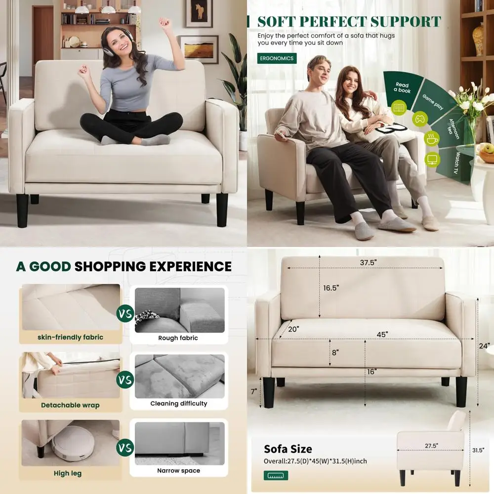 Sofá loveseat compacto 45 bege: capa confortável e removível, espuma de alta densidade, estrutura de madeira maciça