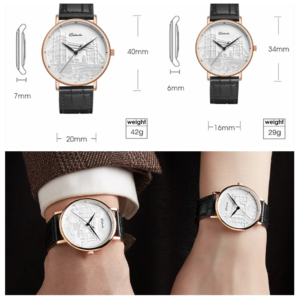 Luxury Watch Men London Bridge Couple Watches 40mm Top Brand Quartz Wristwatches Fashion 3D Relief Dial Ultrathin Clocks CALUOLA