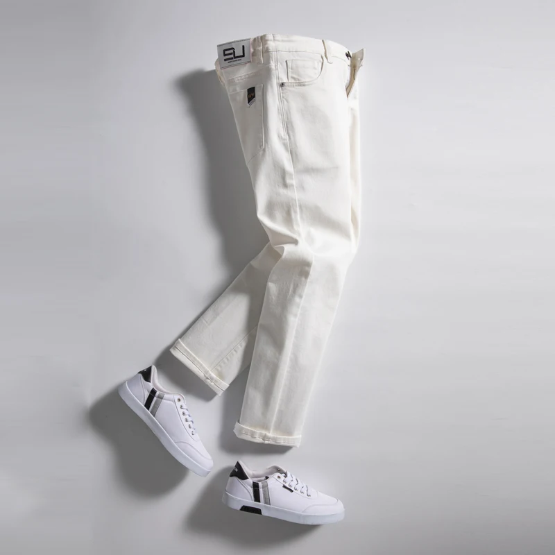 

2023 Men White Jeans Fashion Casual Classic Style Regular Straight Fit Soft Trousers Male Advanced Stretch Pants