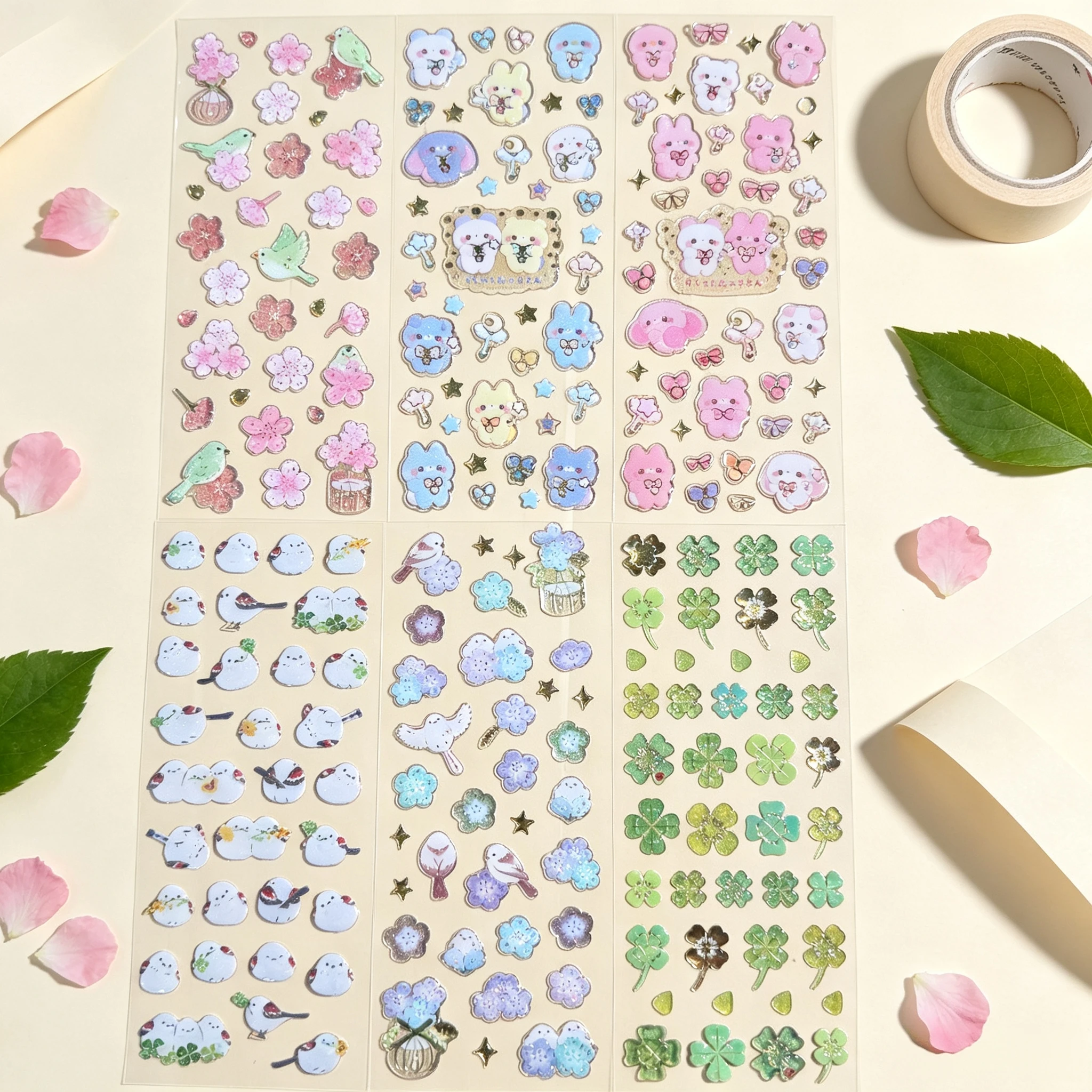 6 Sheets Japanese Style Epoxy Stickers, Holographic Dome Decals, Cute Floral Bird Animal Decor Stickers for Guka Journal DIY