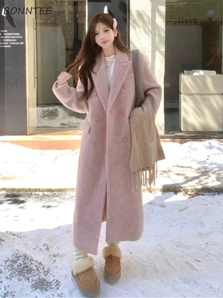 

X-long Wool Blends Women Loose Winter Thicker Coats Elegant Office Lady Casual Simple French Style Temperament Soft Versatile