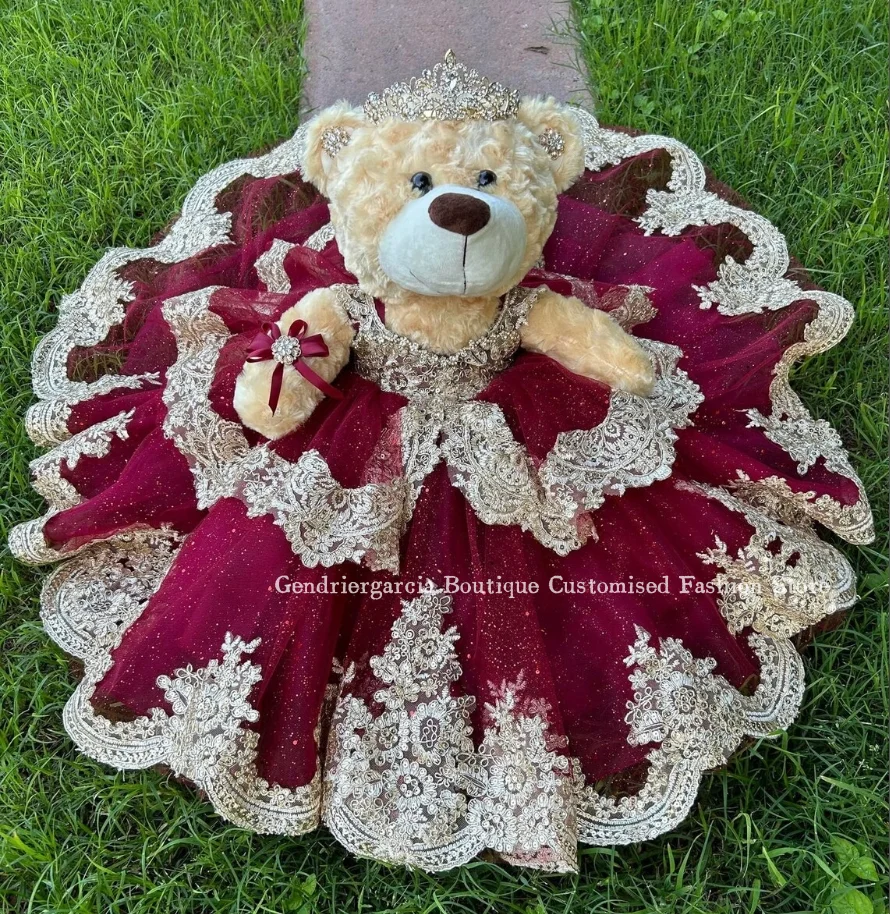 Burgundy Mini Quinceanera Teddy Bear Dress 2025 Sparkling Delicate Beaded Applique Puffy quinceañera Dress Customised