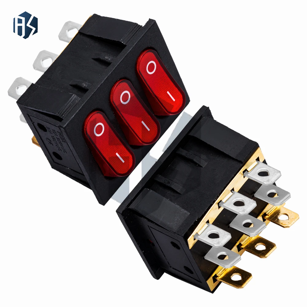 1 peça liga-desliga kcd3 9 pinos vermelho 16a/250v ac luz barco carro interruptor rocker kcd3 botão interruptor de luz triplo KCD3-303