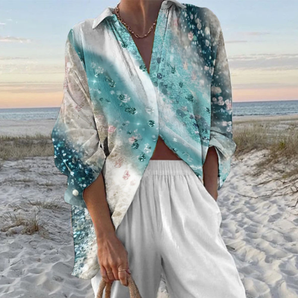 Gradually Change Fashion Beach Wear Two-Piece Flash Print Lapel Casual Shirt Long Sleeve Chic High Waist Wide Leg Pants Women